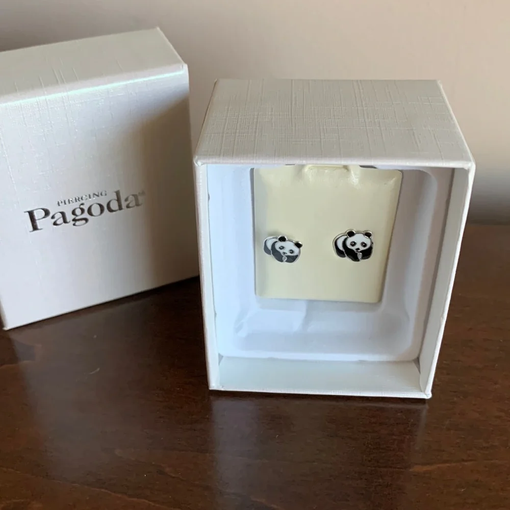 NWT Banter Child's Black and White Enamel Panda Stud Earrings in Sterling Silver